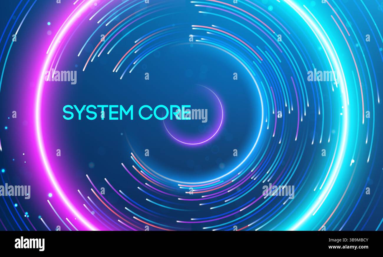 Eine atemberaubende Darstellung eines Systemkerns mit einem strahlenden kreisförmigen Zentrum, umgeben von bunten Lichtspuren, die digitale Energie symbolisieren. Stock Vektor