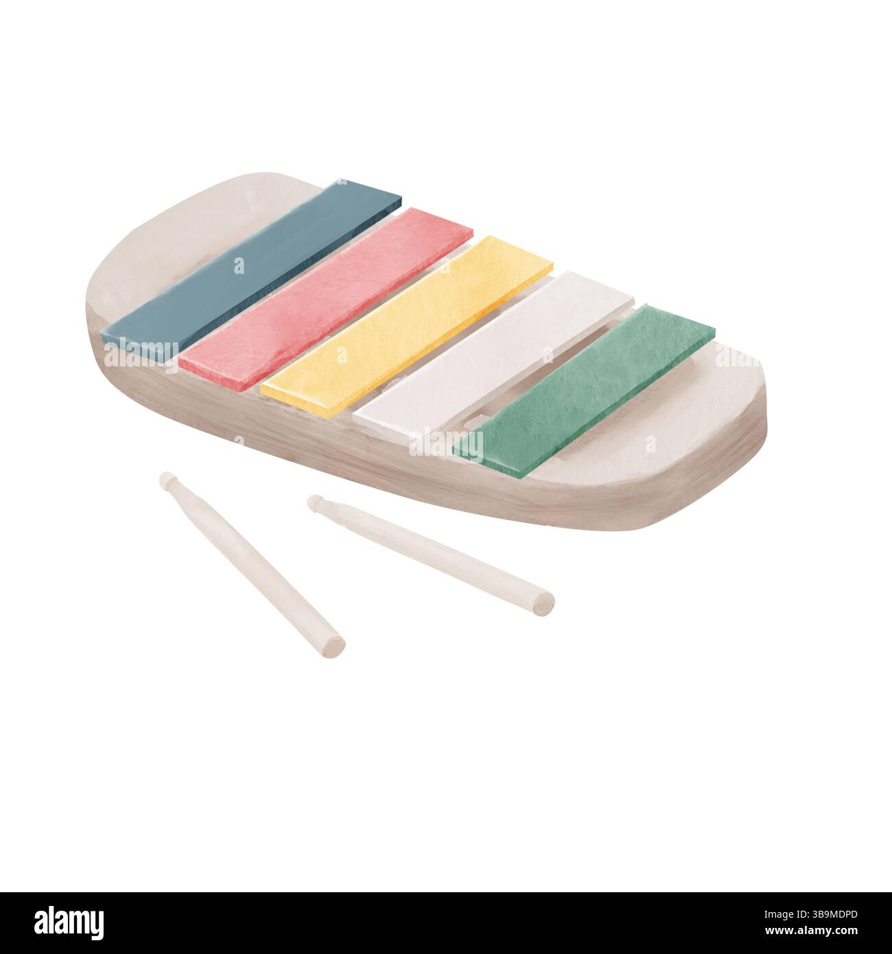 Lustiges Kinder-Xylophone mit Stäbchen Aquarellillustration. Musikspielzeug für Kleinkinder, isoliert auf weißem Hintergrund. Für Kinder Stockfoto