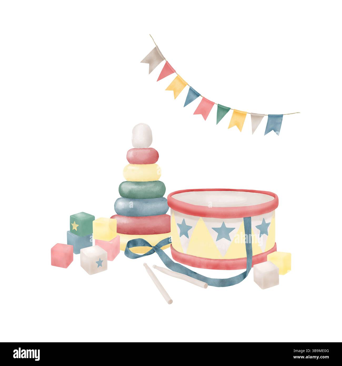 Eine Kindertrommel mit Stöcken und ein Pyramidenspielzeug. Eine lustige Girlande aus bunten Fahnen und Würfeln zum Spielen. Aquarellabbildung. Spielzeug für Kleinkinder, isol Stockfoto