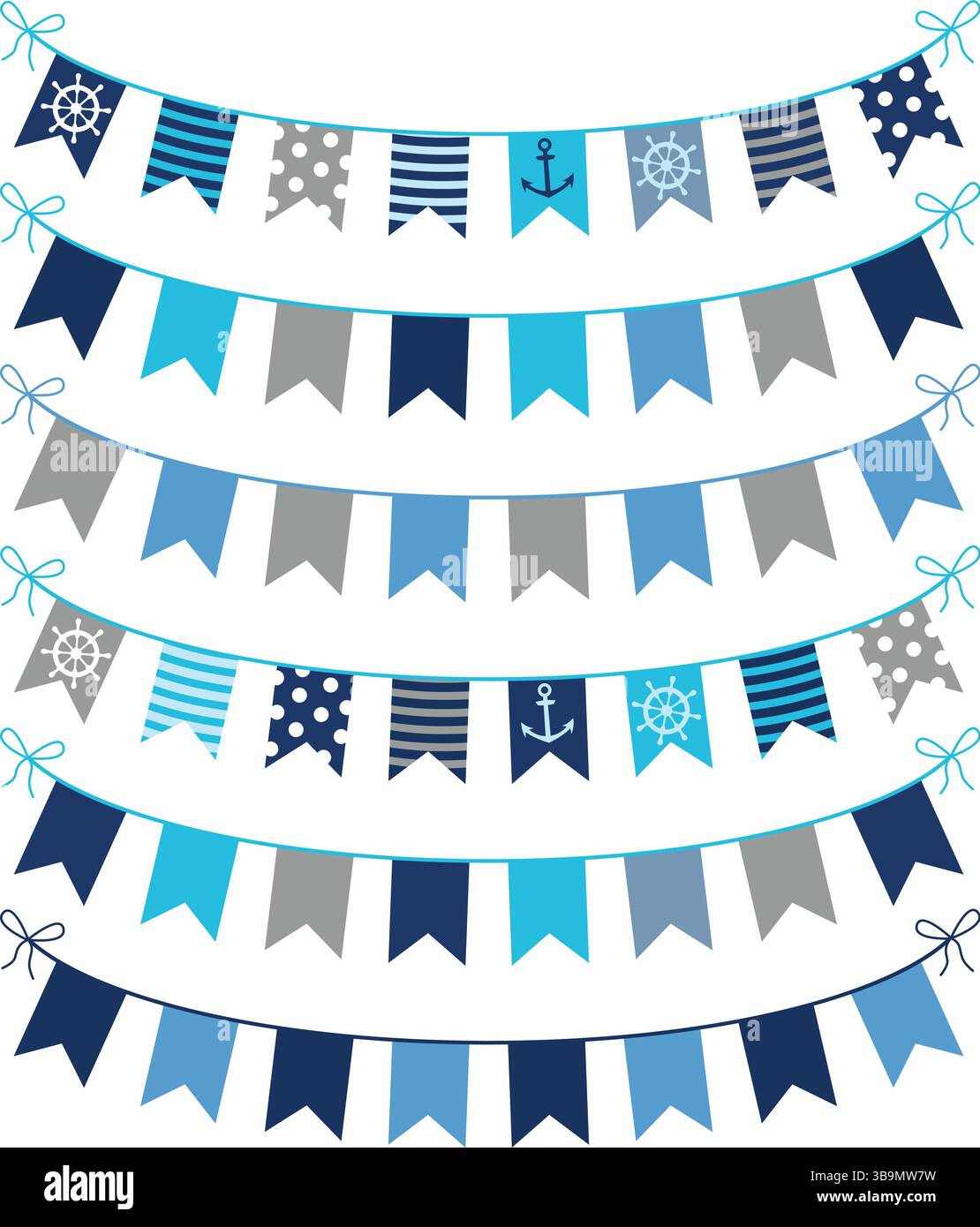 Seefahrtsmotive Vektorgirlanden in blauen und grauen Farben für Grußkarten, Einladungen und Grafikdesign Stock Vektor