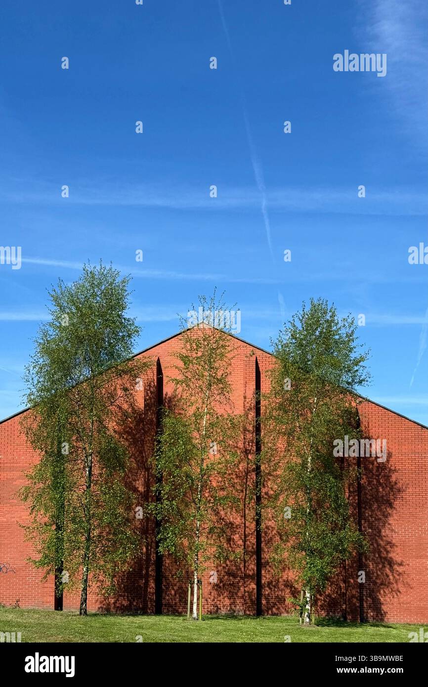 Zusammenfassung von drei Bäumen und roten Ziegelmauern am Wigan Pier Stockfoto