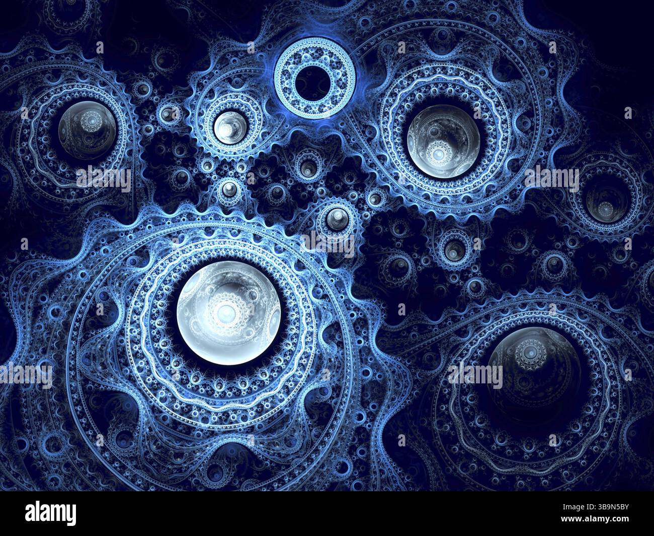 Abstrakter kunstvoller festlicher Hintergrund - computergeneriertes Bild. Fraktale Kunst: Kugel und Kreis mit komplexem, kompliziertem Ornament. Für Karten, Puzzles Stockfoto