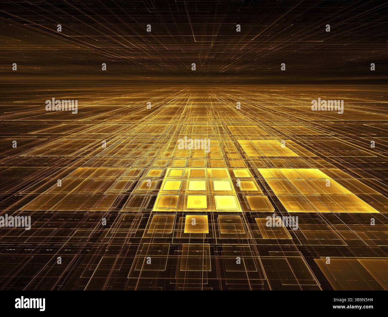 Goldene Kacheln - abstrakte, computergenerierte 3D-Illustration. Fraktale Kunst - Ebene mit leuchtendem Gitter. Perspektivische Zusammensetzung. Für Banner, Flyer, Cover Stockfoto