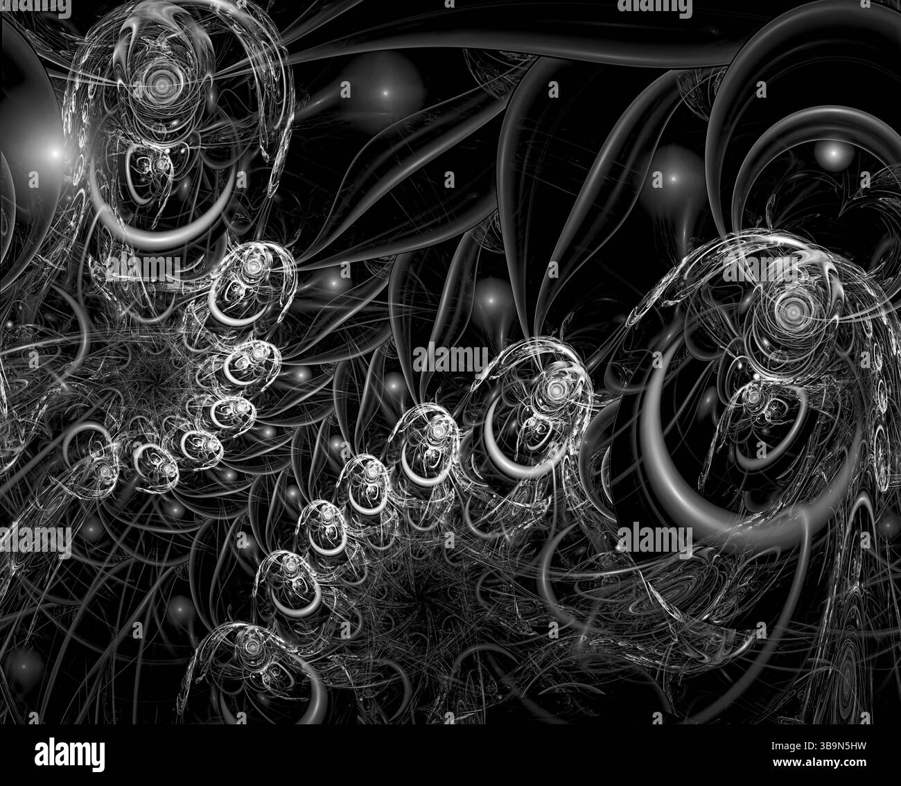 Abstraktes Fraktalornament - computergeneriertes Bild. Digital Art: Chaos Locken und Perlen mit Lichteffekten. Für Karten, Poster, Puzzles Stockfoto