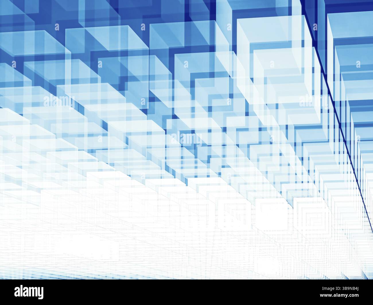 Flying weißen und blauen Würfel Perspektive Hintergrund-abstrakten computer-generierten 3D-Darstellung. Zukunft Technik oder Science-fiction-Kulisse. Für p Stockfoto