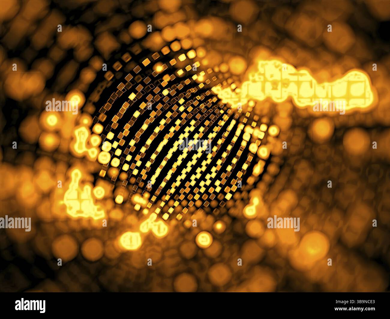 Verschwommenes goldenes Technikraster – abstraktes, computergeneriertes Bild. Fraktale Kunst: Hintergrund im Technikstil mit Bokeh. Für Banner, Webdesign, Cover Stockfoto