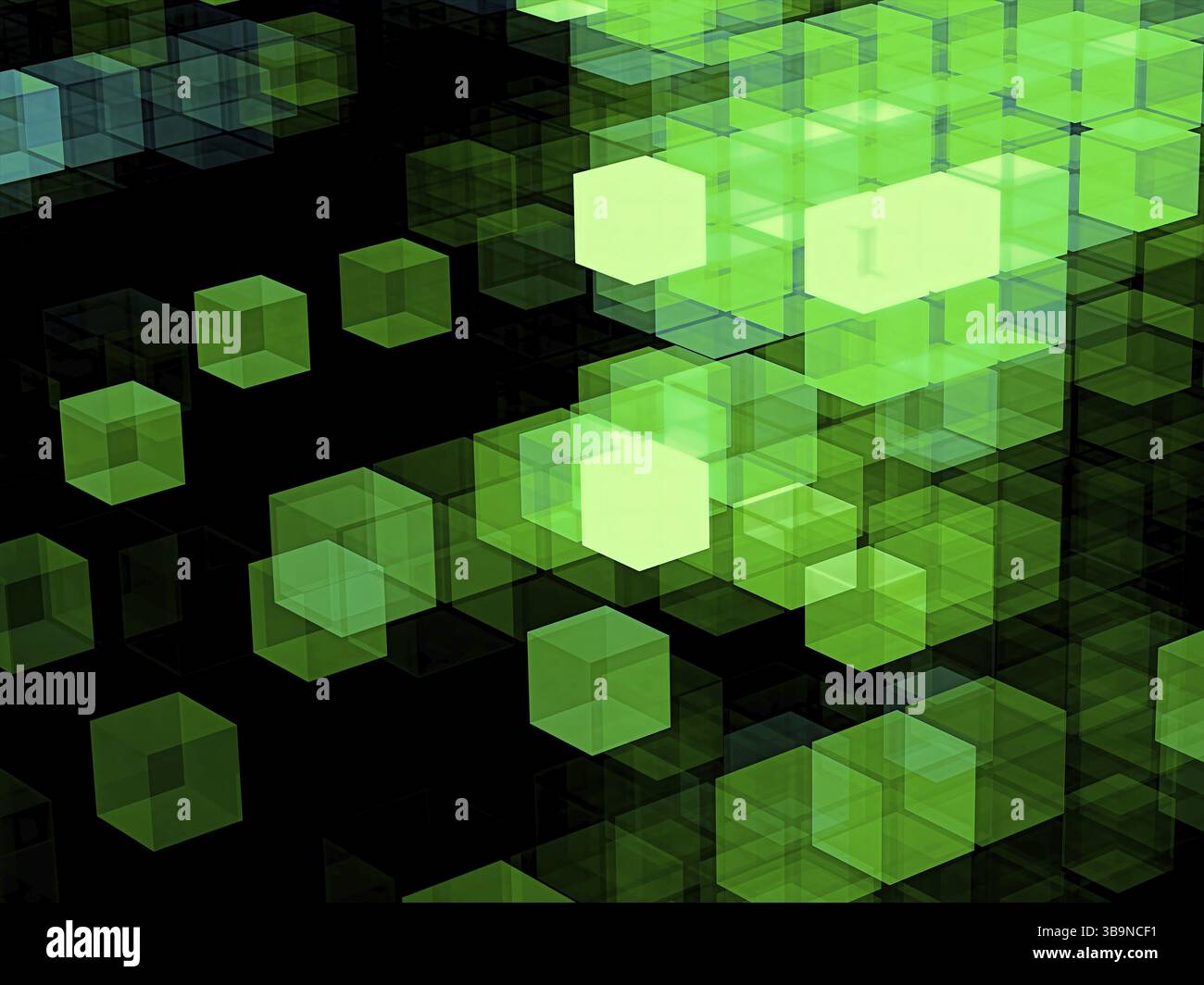 Grüner und schwarzer Technologiehintergrund. Fraktale Kunst - futuristische Struktur chaoschleuchtender Würfel. Abstraktes computergeneriertes Bild. Tapa im technischen Stil Stockfoto