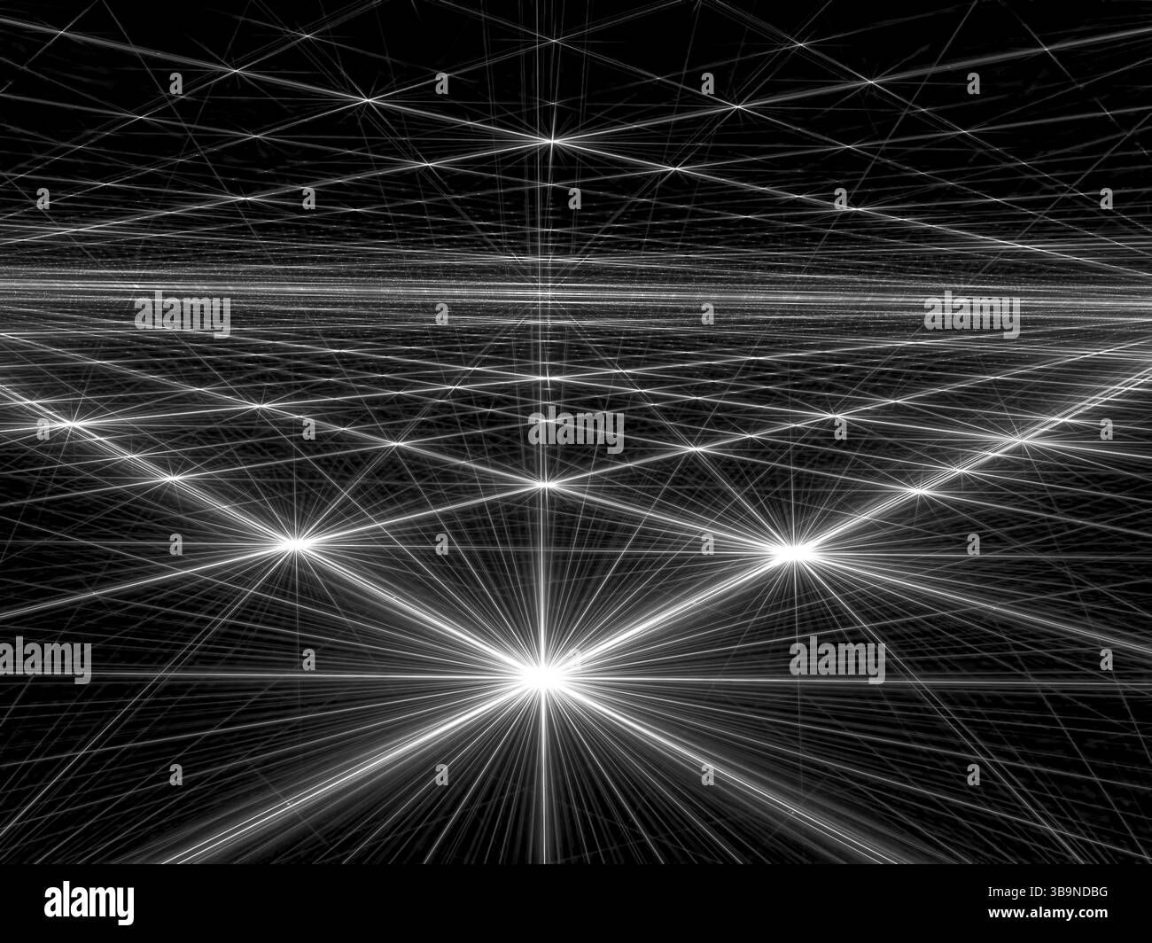 Abstrakter heller Hintergrund – computergeneriertes Bild. Fraktale Geometrie: Helle Sterne und Raster. Technologie- oder Raumhintergrund für kreative Designprofis Stockfoto