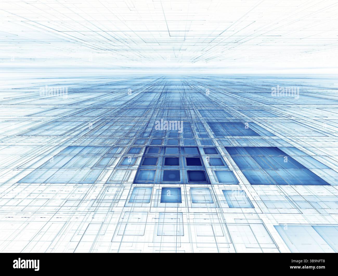 Weißes und blaues Raster - abstrakte computergenerierte 3D-Illustration. Fraktale Kunst - Ebene mit Chaoszellen. Perspektivische Zusammensetzung. Für Banner, Cover Stockfoto