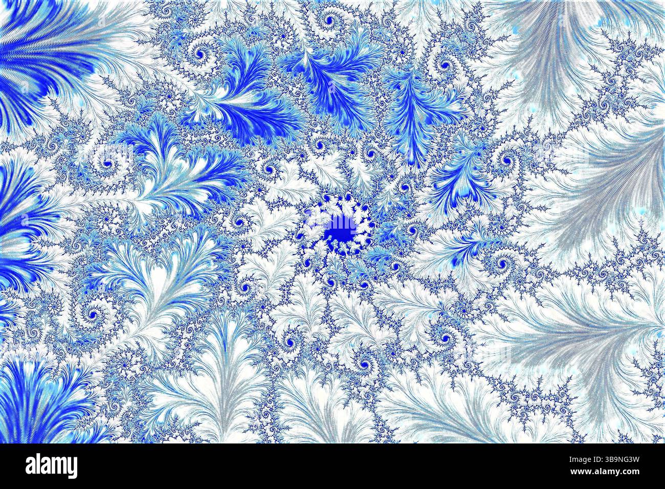Weißer und blauer fraktaler Hintergrund - abstraktes computergeneriertes Bild. Digitale Kunst: Blätter und Spiralen, die einen Rahmen bilden. Für Karten, Webdesign, Cover Stockfoto