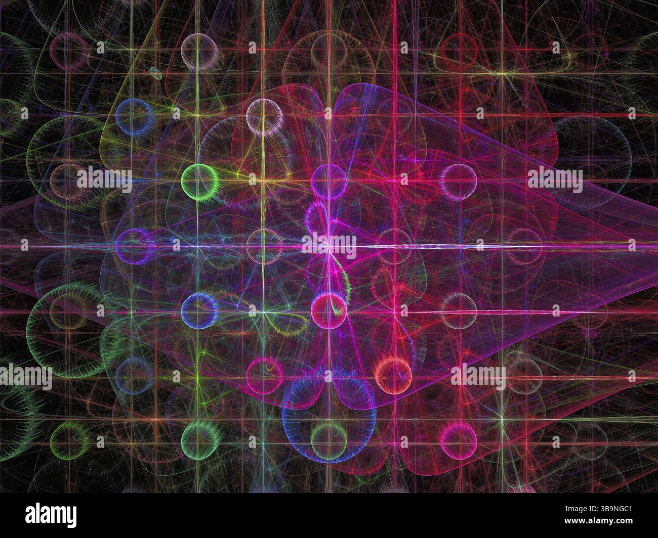 Abstraktes lila Muster mit leuchtenden Kreisen und Gitter - computergeneriertes Bild. Fraktales Bildmaterial für Desktop-Hintergrundbilder, Webdesign, Cover Stockfoto