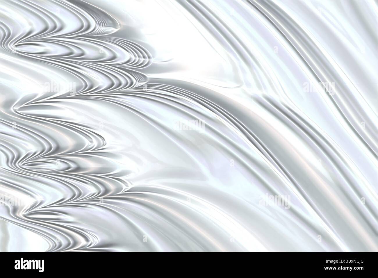 Abstrakter weißer welliger Hintergrund – computergeneriertes Bild. Fraktale Kunst: Chaos glänzende Kurven wie Wellen. Für Cover, Poster, Banner Stockfoto