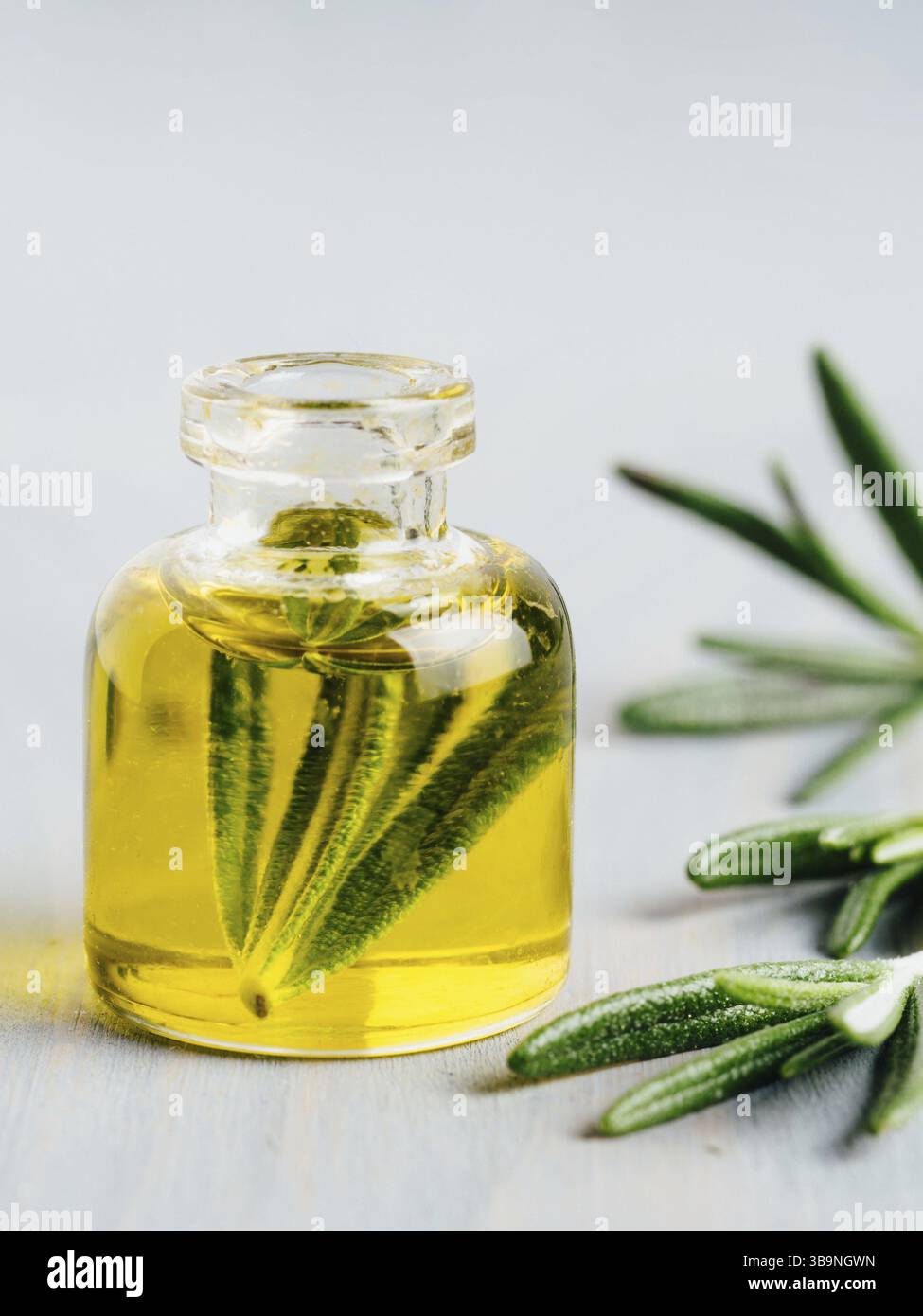 Rosmarin Öl. Rosemary wesentliches öl Öl in kleinen Fläschchen und Niederlassungen von frischem Rosmarin auf weißem Hintergrund. Kopieren Sie Platz für Text. Vertikale Stockfoto