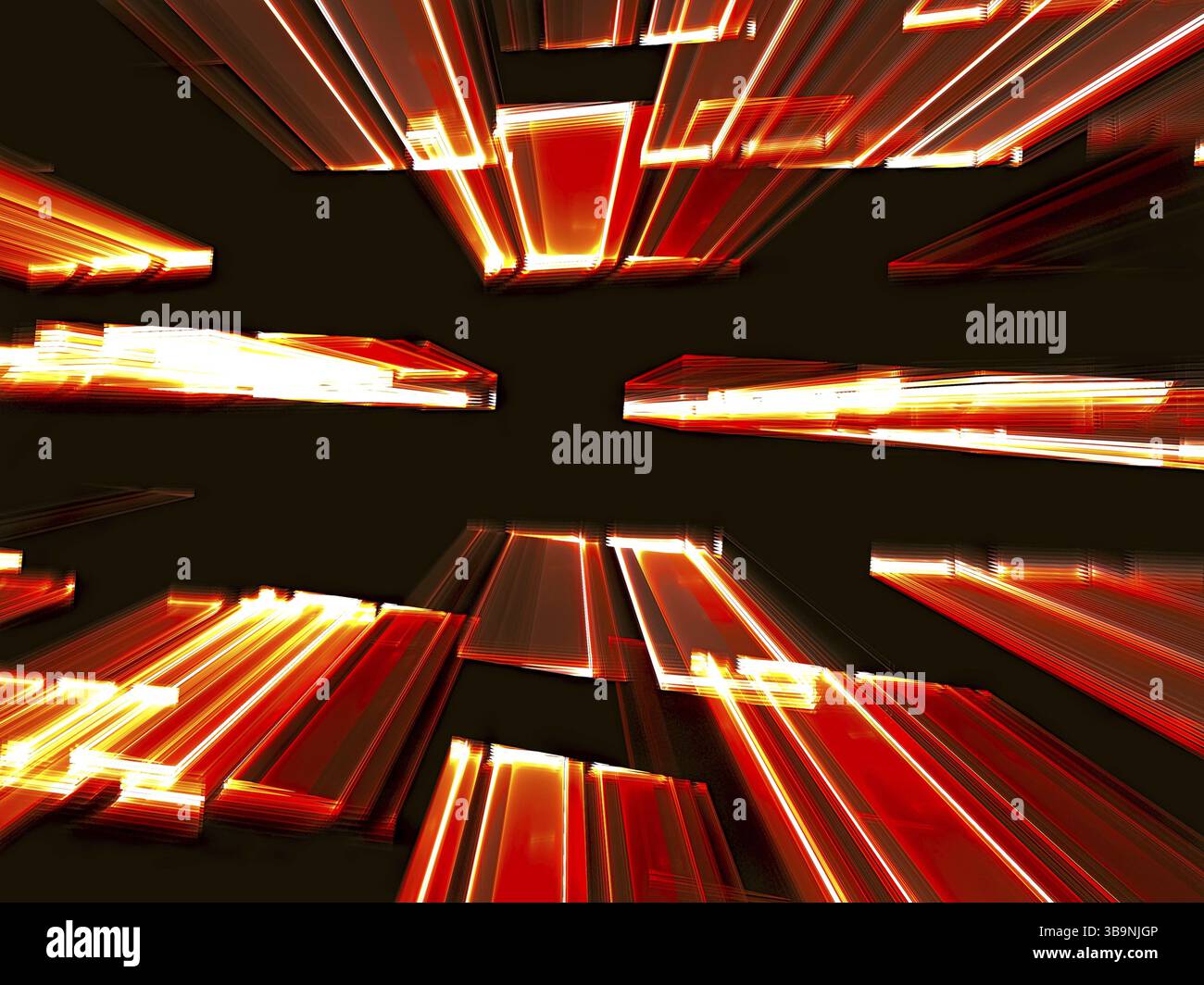 Fliegen zu den horizontalen Rechtecken - chaotischer fraktaler Hintergrund. Abstraktes computergeneriertes Bild im Technikstil. Für Webdesign, Cover, Poster Stockfoto