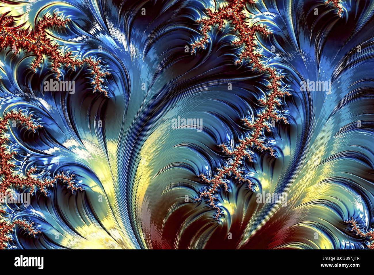 Wellenförmiger fraktaler Hintergrund – abstraktes, digital generiertes Bild. Glänzende Wellen und Locken. Hintergrund für Karten, Poster, Cover Stockfoto