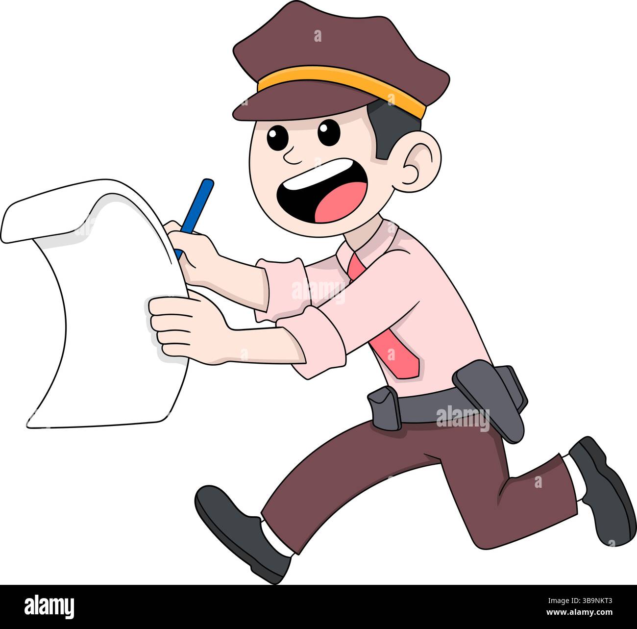 Cartoon-Kritzelei eines Polizisten, der mit einem Notizblock läuft, als Symbol für die Strafverfolgung oder für die Ausstellung eines Verkehrsfahrscheins. Stock Vektor