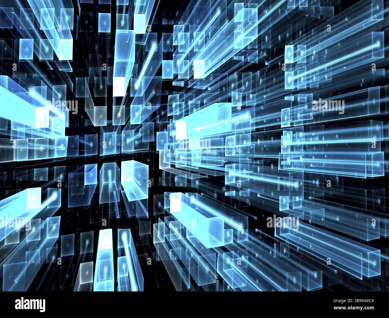 Abstrakter technischer Hintergrund – computergeneriertes Bild. Fraktale Kunst: Gitter aus Glasrechtecken mit Perspektive und Reflexion. Technologiekonzept oder zurück Stockfoto