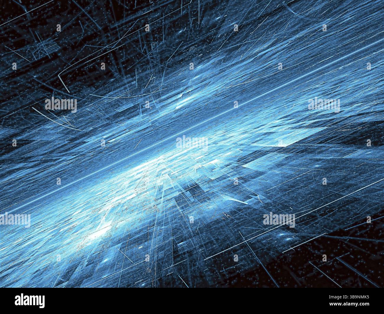 Technologiefläche mit Chaoslinien und Gitter - abstraktes computergeneriertes Bild. Digitale Kunst: Dunkle Technik, Sci-fi oder Science-Fiction-Kulisse Stockfoto