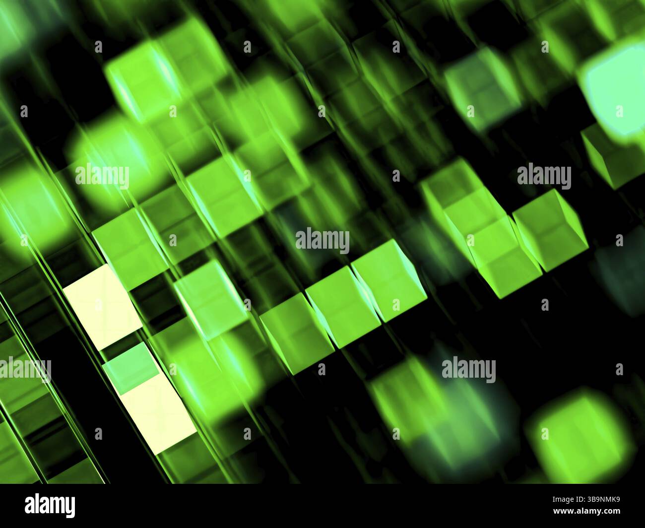 Verschwommene fliegende Würfel - abstrakter Technologiehintergrund. Fraktale Geometrie: Chaos Hochglanzquadrat - computergeneriertes Bild. Für Cover, Poster, Webdesi Stockfoto