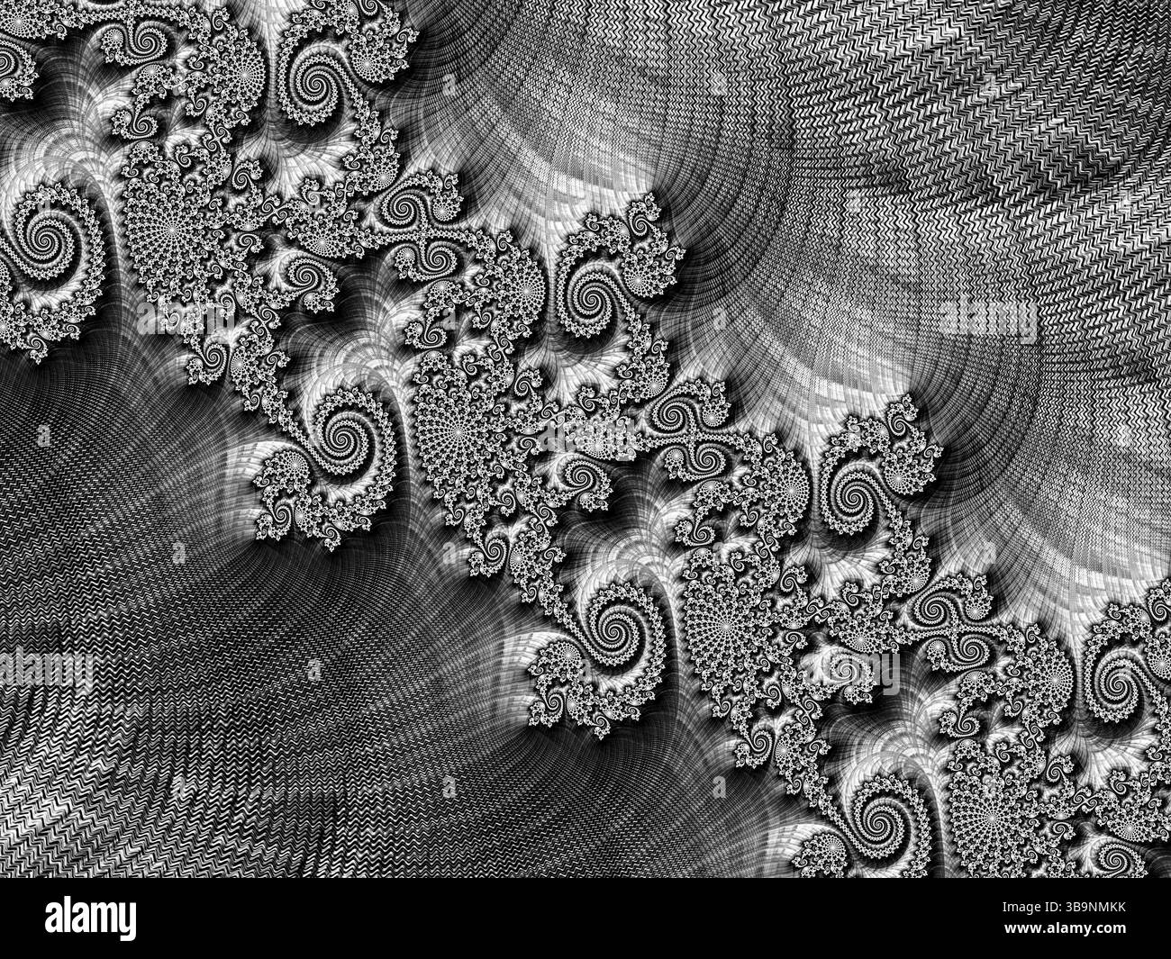 Abstrakter fraktaler Hintergrund: Textur von gewebten Garnen und Kreuz auf einem diagonalen Muster von Kurven und Spiralen. Computergeneriertes Bild Stockfoto
