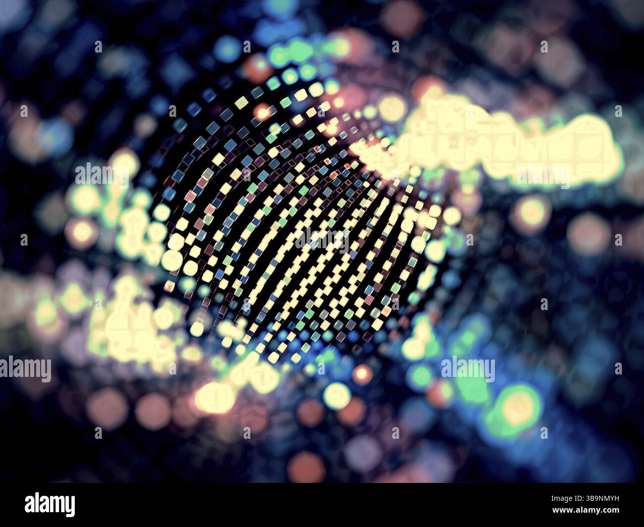 Verschwommenes Technikraster – abstraktes computergeneriertes Bild. Fraktale Kunst: Hintergrund im Technikstil mit Bokeh. Für Banner, Webdesign, Cover Stockfoto