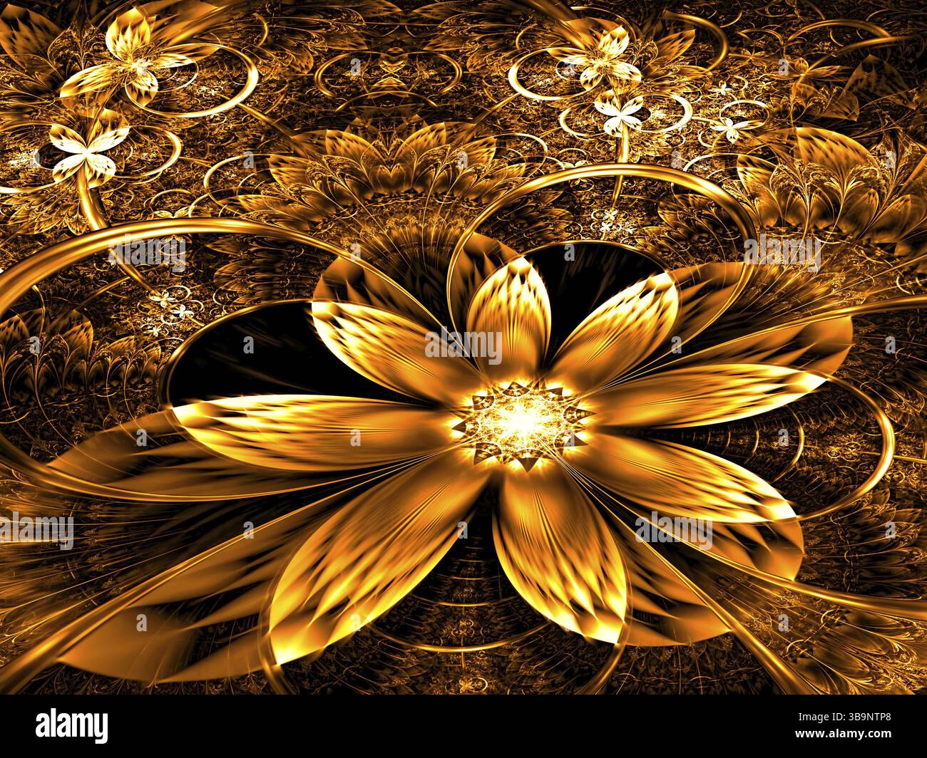 Fraktblume - abstraktes computergeneriertes Bild. Digitale Kunst: Ungewöhnliche geheimnisvolle Blume mit strukturierten Blütenblättern auf einem Hintergrund mit komplizierten Mustern. Stockfoto