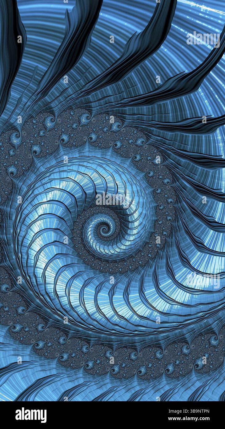 Blauer spiralförmiger Hintergrund - abstraktes, computergeneriertes Bild. Klassische Fraktalgeometrie: Helix wiederholt sich mehrmals. Für Tapeten, Cover, Poster Stockfoto