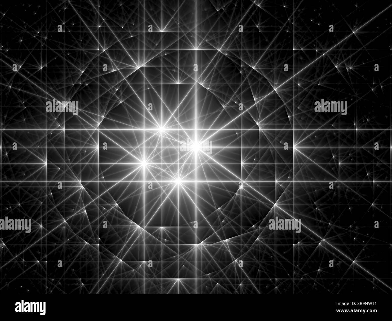 Abstrakter fraktaler Hintergrund - computergeneriertes Bild. Digitale Kunst: Helle Sterne und chaotische Linien, Kurven und Kreise. Für Cover, Poster, Banner Stockfoto