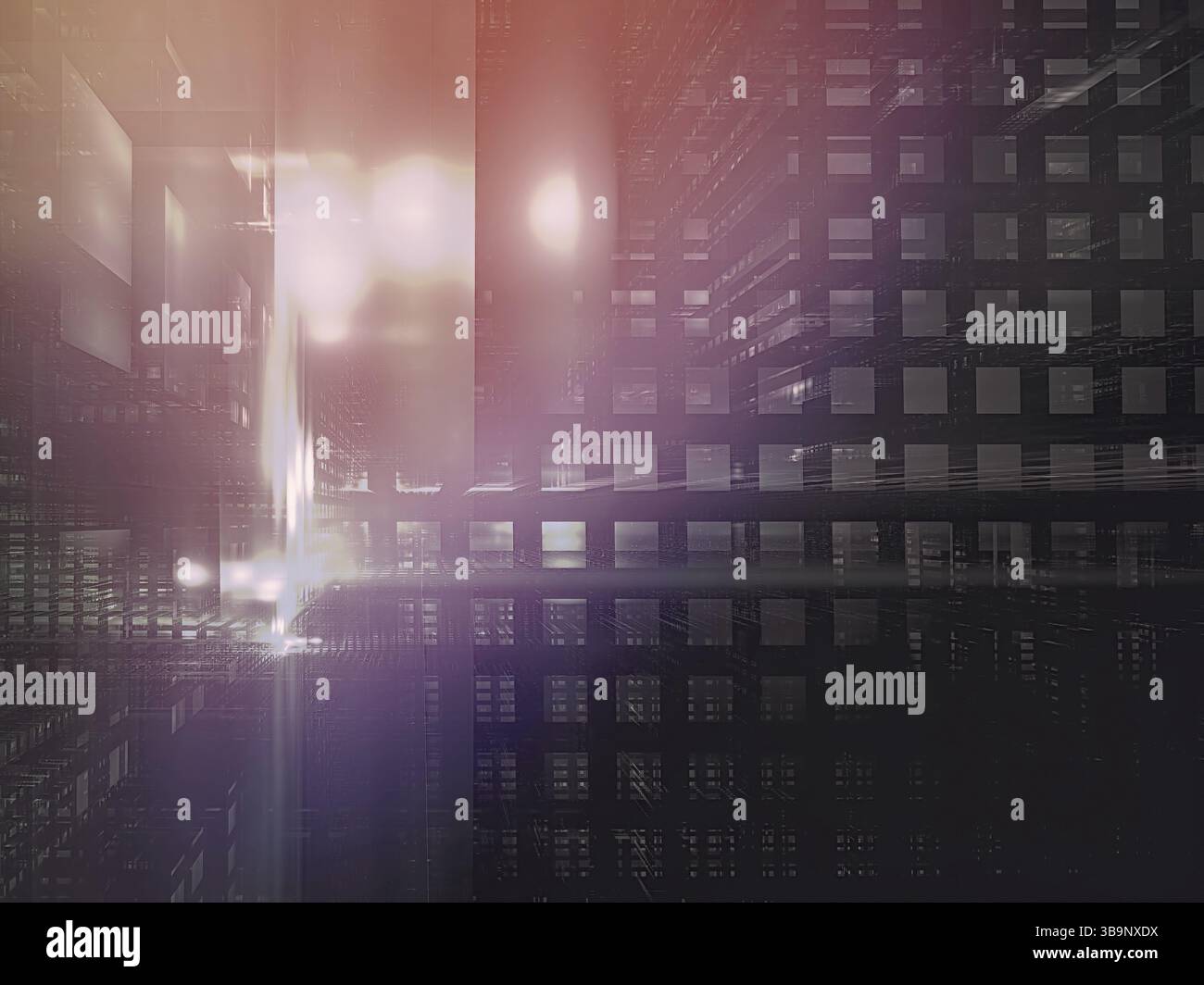 Abstrakter düsterer Hintergrund mit Lichtblitz - computergenerierte 3D-Illustration. Futuristisches Design mit vielen Zellen, die den Fenstern und dem ähneln Stockfoto