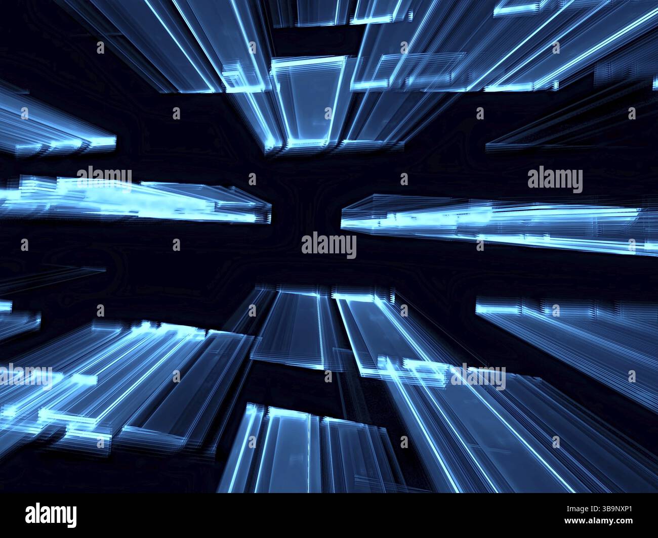 Zum Horizont fliegen Rechtecke - chaotischer fraktaler Hintergrund. Abstraktes, computergeneriertes, verschwommenes Bild im Technikstil. Für Webdesign, Cover, po Stockfoto