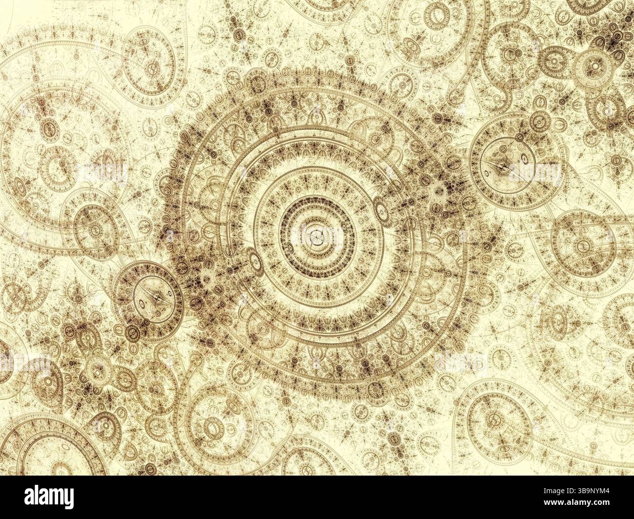 Fraktaluhr - verworrenes anttique-stilisiertes Muster. Abstrakter Hintergrund der heiligen Geometrie. Computer-generiertes Bild für Webdesign, Karten, Cover Stockfoto