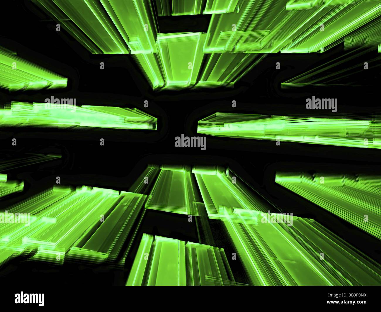 Fliegen zu den horizontalen Rechtecken - chaotischer fraktaler Hintergrund. Abstraktes, computergeneriertes, verschwommenes Bild im Technikstil. Für Webdesign, Abdeckungen Stockfoto