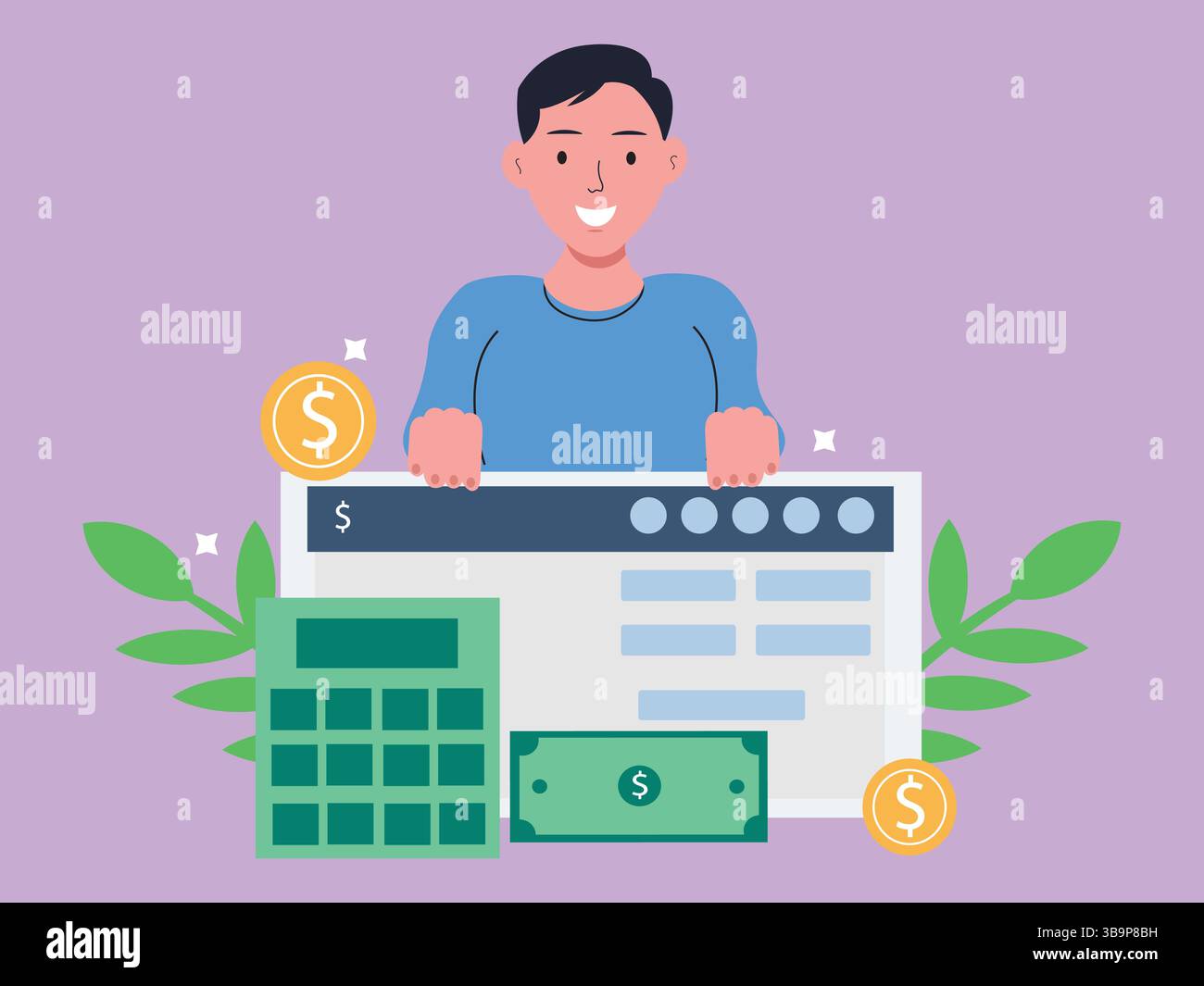 Flache Vektor-Illustration der Gehaltszahlung, Online-Gehaltsabrechnung auf Computerbildschirm und Taschenrechner Berechnung Flat Cartoon.Finanz- und Geschäftskonzept Stock Vektor