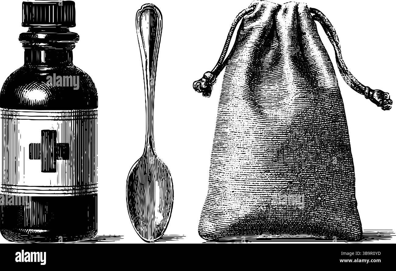 Vintage-Medizinflasche, Löffel und Beutelgravur für historisches Apothekendesign. Stock Vektor