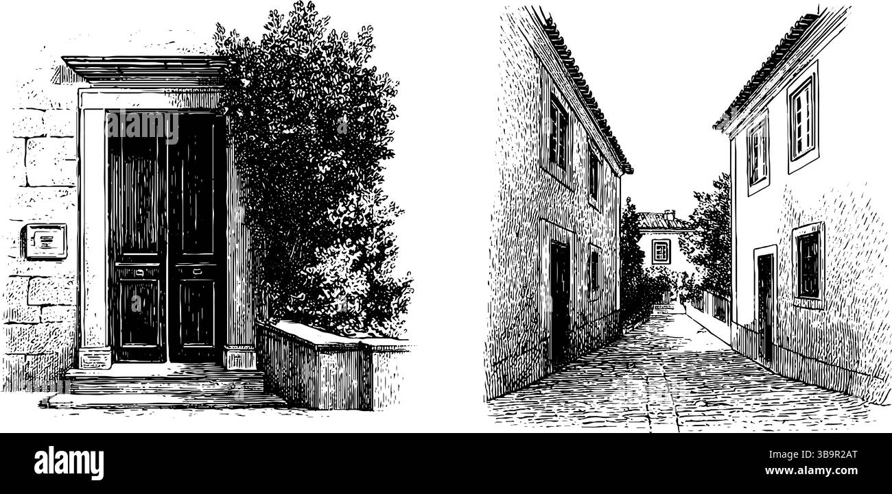 Gravierte Illustrationen von Domustür und rustikaler Straßenszene für architektonisches Design. Stock Vektor