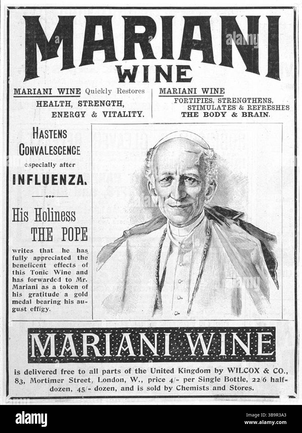 VIN Mariani (französisch: Mariani-Wein) war ein Kokawein und Patentmedizin, der in den 1860er Jahren von Angelo Mariani, einem französischen Chemiker auf der Insel Korsika, geschaffen wurde. - Papst Leo XIII. Trug angeblich eine Hipflaske von Vin Mariani bei sich und verlieh Angelo Mariani eine Vatikanische Goldmedaille. Stockfoto