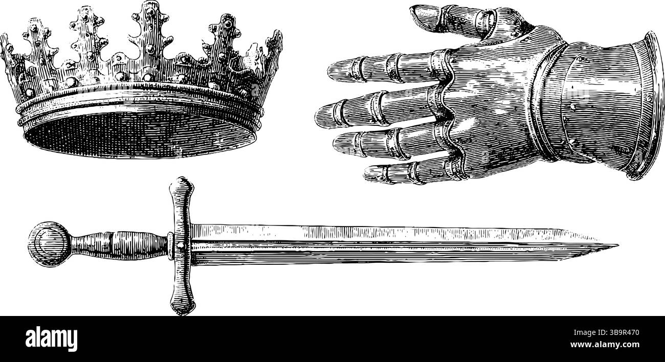 Gravierte Illustration des mittelalterlichen Eisenhandschuhs, der Krone und des Schwertes — historisches Design für Dekoration und Studium. Stock Vektor