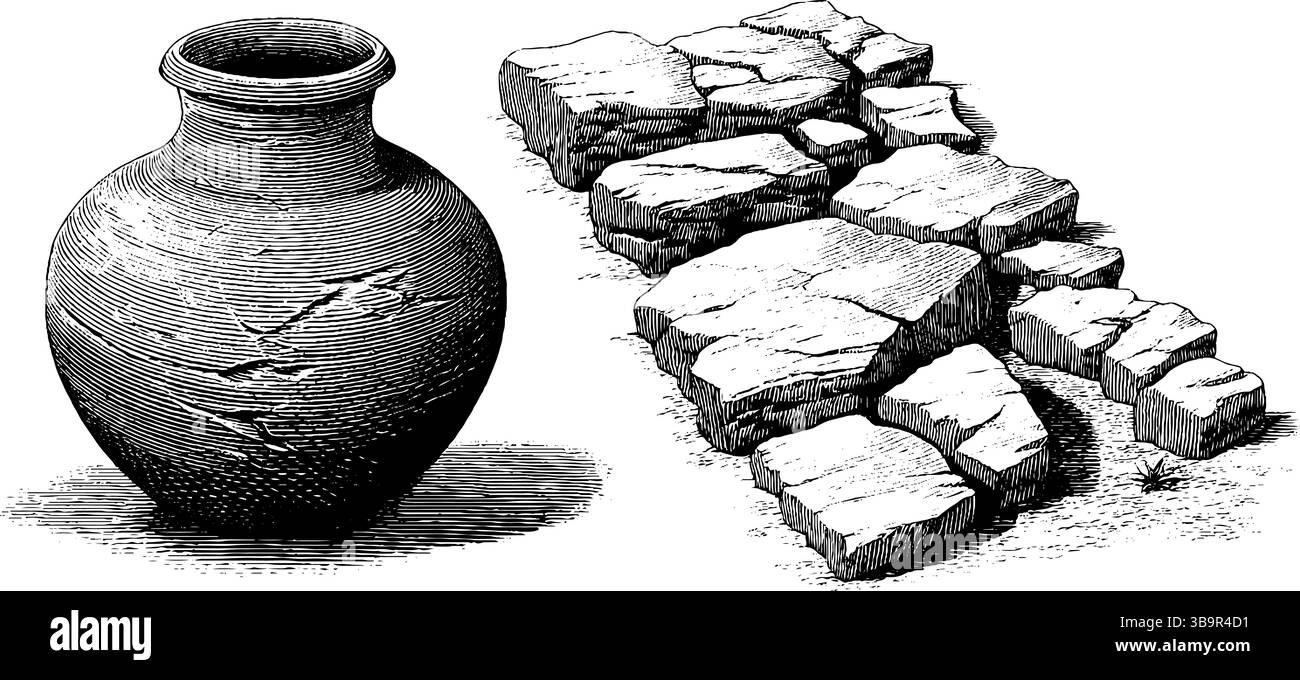 Gravierte Illustration des antiken Wassertopfes und des Steinweges für historisches Design. Stock Vektor