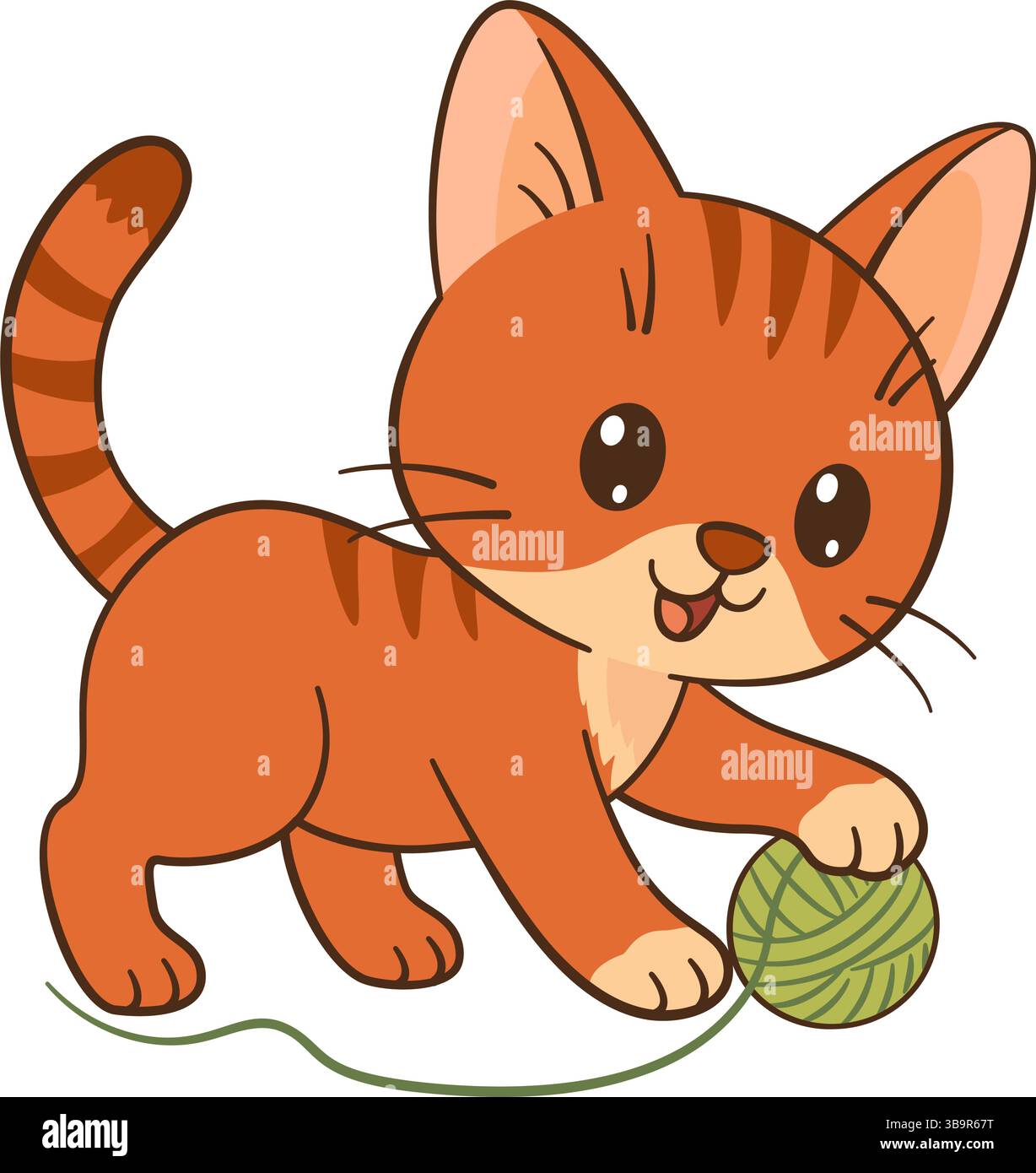 Kätzchen, die mit einem Garnknäuel spielen. Niedliches Ingwertabby-Kätzchen im flachen Chibi-Katzendesign mit sauberem, schlichtem Design. Für Kinderbücher, Story Illustrationen, Grußkarten, Aufkleber, T-Shirts, Becher und Poster. Stock Vektor