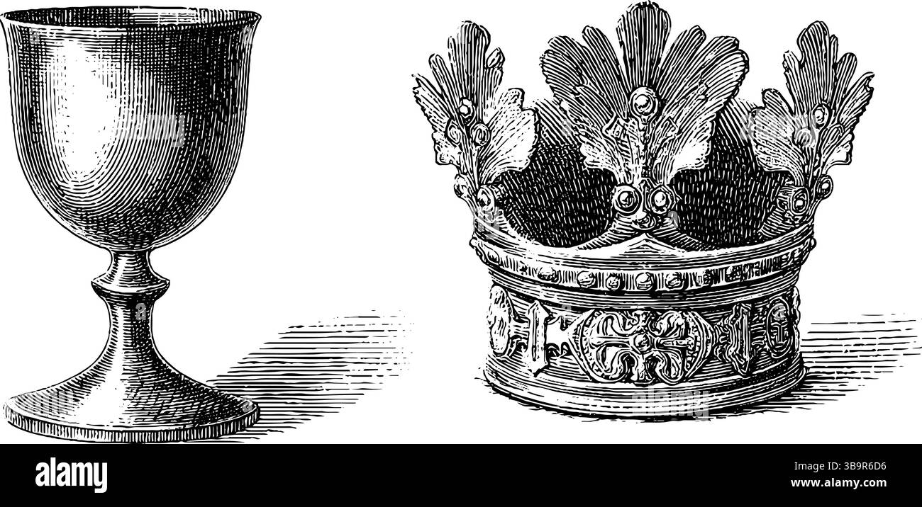 Klassisches Illustrationsset mit Gravur und mittelalterlichem Kelch- und Kronendesign. Stock Vektor