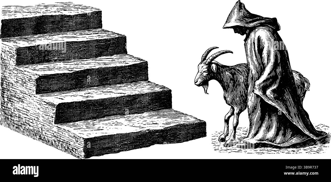 Mittelalterlicher Mönch und Ziege für Steintreppen Gravur für historische Designprojekte. Stock Vektor