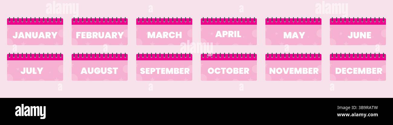 Satz von zwölf rosa Kalendermonatssymbolen Januar bis Dezember Vektor-Illustration Stock Vektor