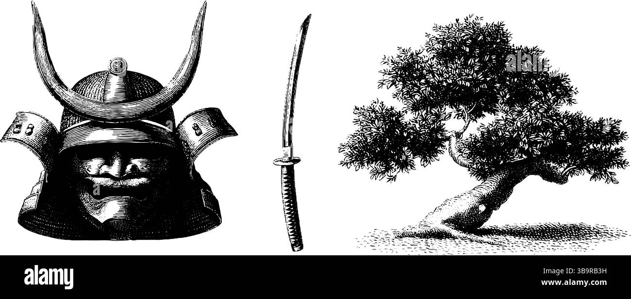 Detaillierte Gravur von Samurai-Helm, Katana und Bonsai-Baum für traditionelles japanisches Kunstdesign. Stock Vektor