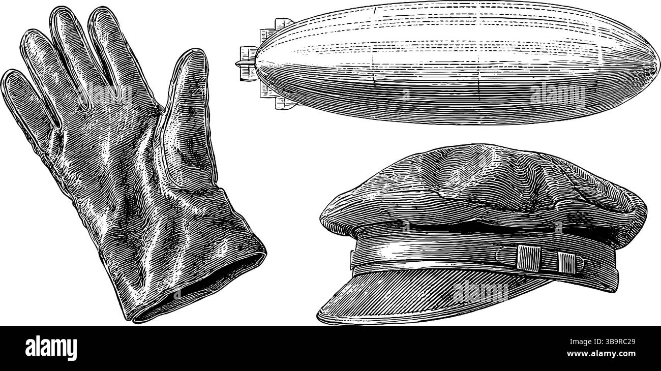 Vintage-Set aus zeppelin, Pilotenkappe und Handschuh mit Gravur für klassische Luftfahrt-Fans. Stock Vektor