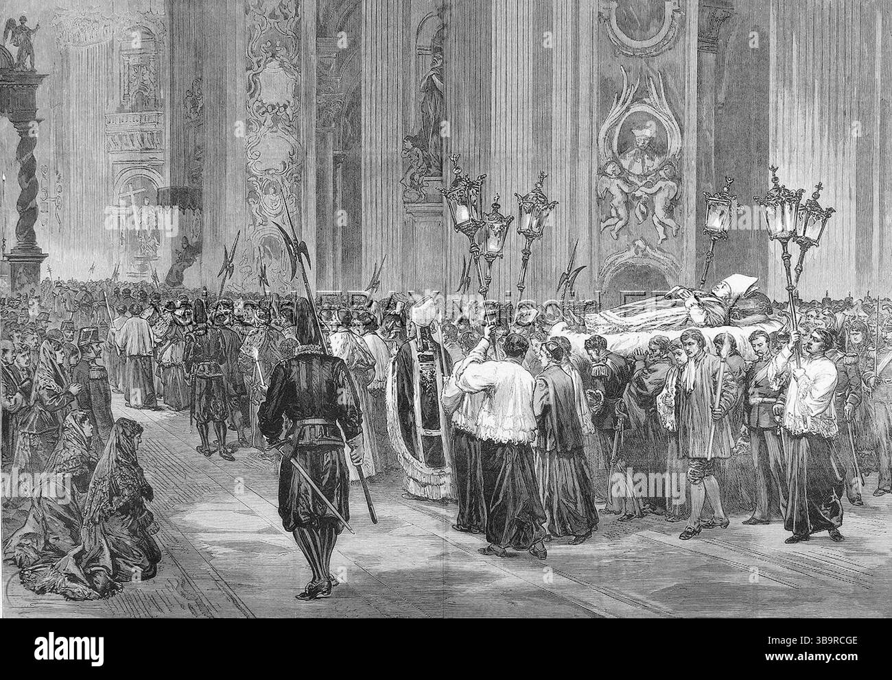 Gravur der Beerdigung von Papst Pius IX. Am 7. Februar 1878. Papst Pius IX. (Geb. Giovanni Maria Battista Pietro Pellegrino Isidoro Mastai-Ferretti; 13. Mai 1792 – 7. Februar 1878) war von 1846 bis 1878 Leiter der katholischen Kirche. Seine Herrschaft von fast 32 Jahren ist die längste verifizierte aller Papste in der Geschichte. Er war besonders dafür bekannt, 1868 das erste Vatikanische Konzil einberufen zu haben und 1870 die Kontrolle über die päpstlichen Staaten endgültig an das Königreich Italien zu verlieren. Danach weigerte er sich, die Vatikanstadt zu verlassen und erklärte sich als „Gefangener im Vatikan“. Stockfoto