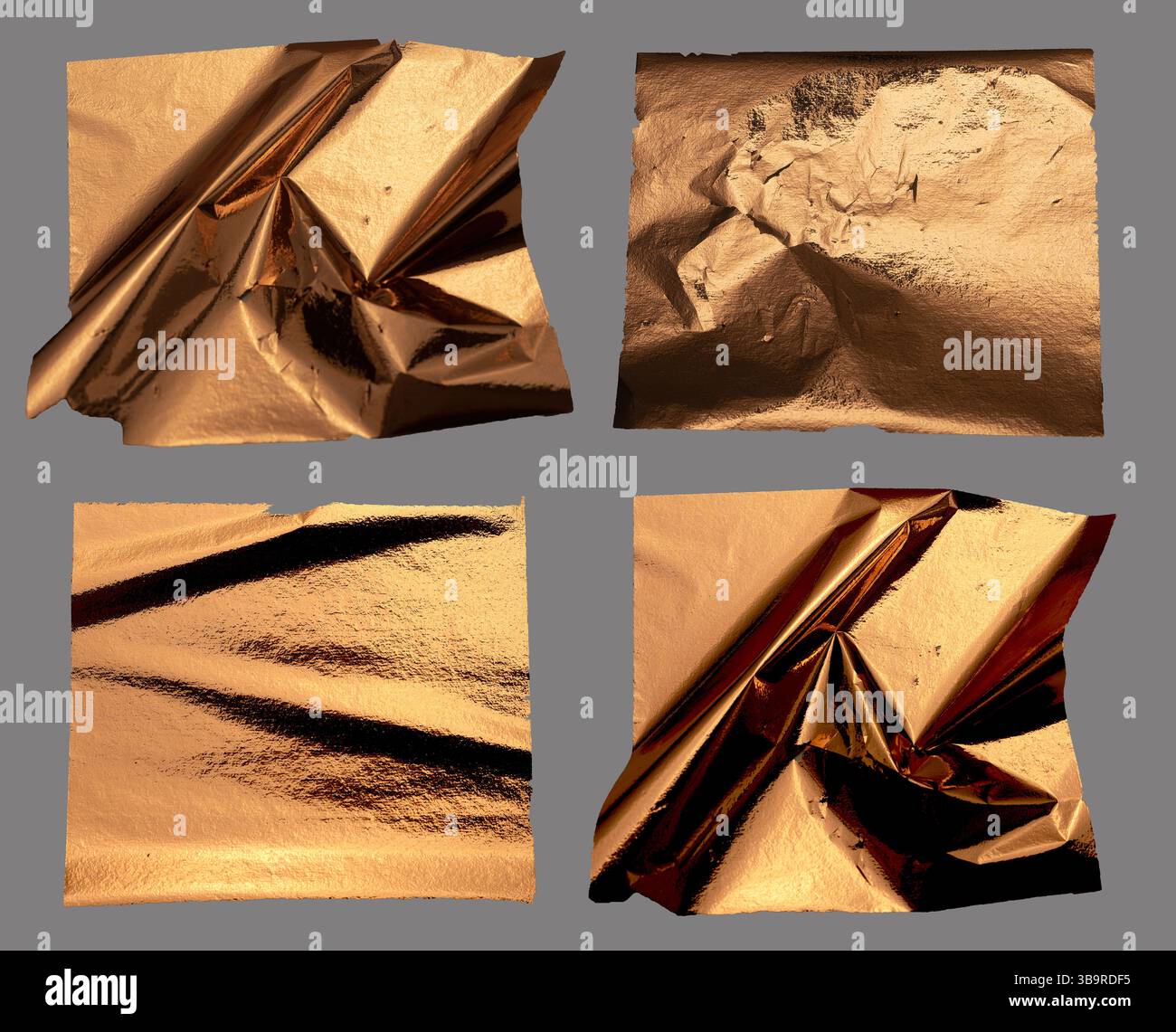 Zerknitterte Kupfer- und Goldfolie mit metallischer, reflektierender Textur schafft ein abstraktes, luxuriöses Design. Abgerissene Kanten und faltige Falten sorgen für mehr Tiefe und Leistung Stockfoto