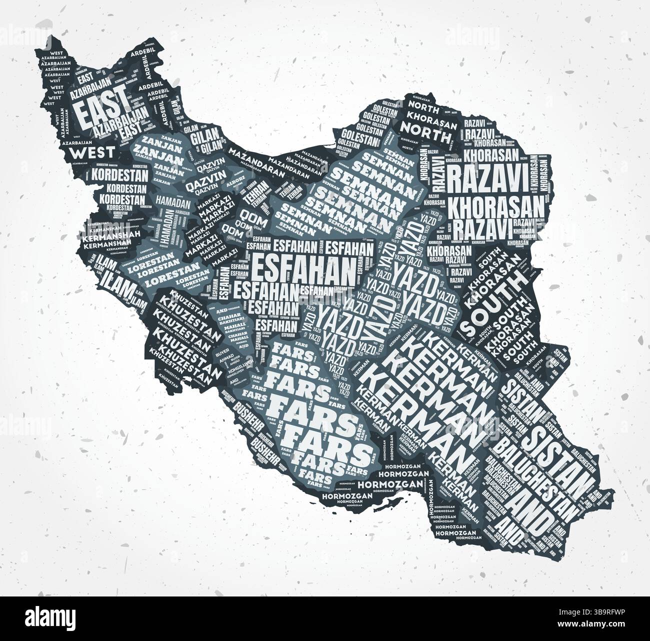 Iran Regionen Wortwolken. Länderform auf strukturiertem Hintergrund. Iran-Design im typografischen Stil. Fantastische Vektor-Illustration. Stock Vektor