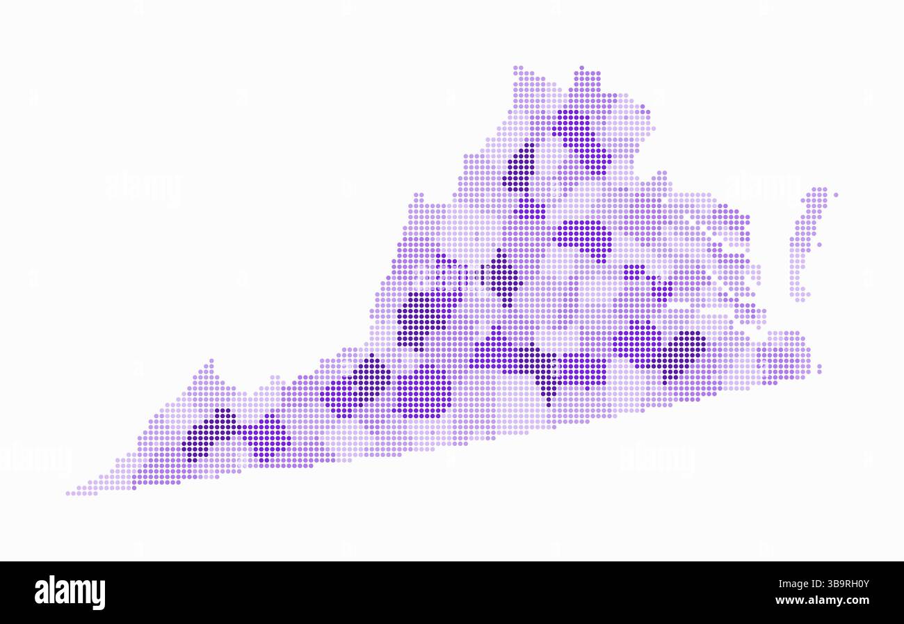Virginia gepunktete Karte. Digitale Karte des Zustands auf weißem Hintergrund. Virginia-Form mit kreisförmigen Punkten. Farbige Punkte. Kleine Kreise. Stock Vektor