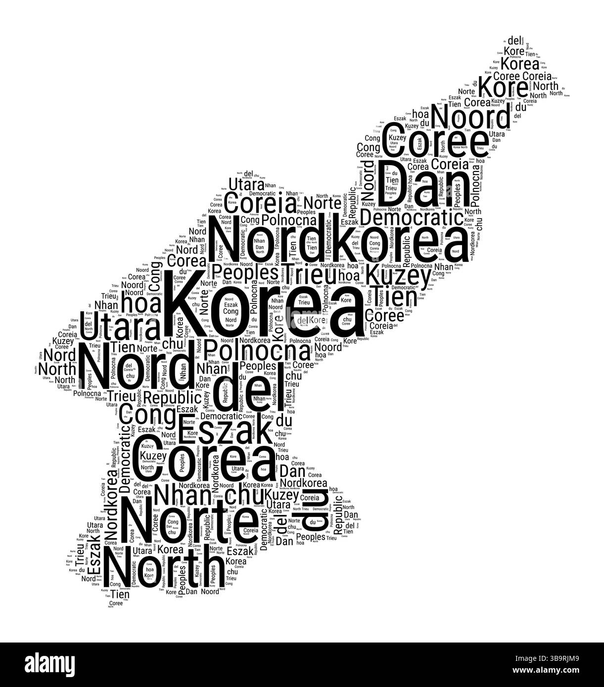 Schwarz-weiß-Wortwolke in nordkoreanischer Form. Einfache typografische Darstellung des Landes. Schwarze Textwolke Nordkoreas auf weißem Hintergrund. Stock Vektor