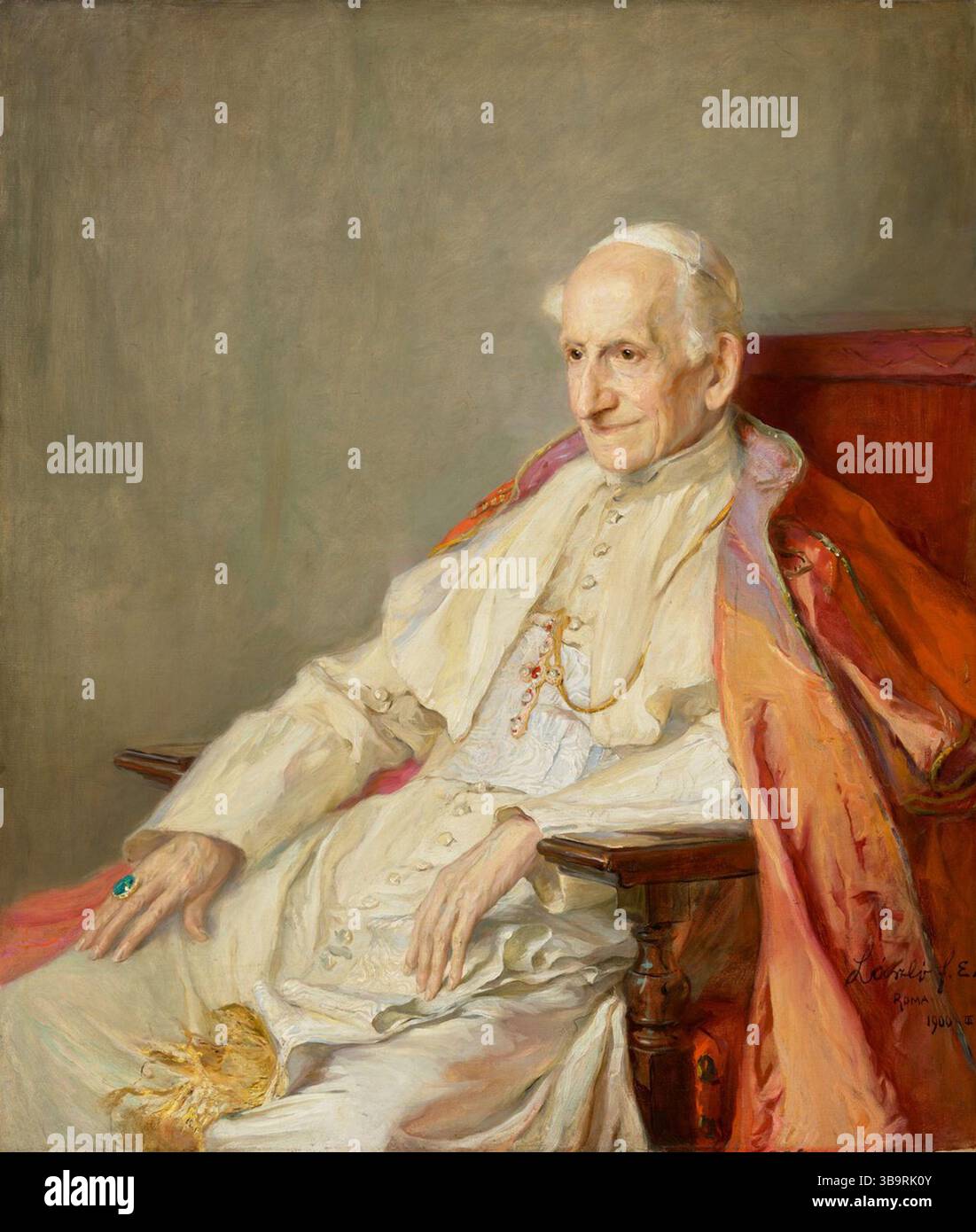 Papst Leo XIII. (* 2. März 1810 als Gioacchino Vincenzo Raffaele Luigi Pecci; 20. Juli 1903) war vom 20. Februar 1878 bis zu seinem Tod im Juli 1903 Leiter der katholischen Kirche. Er hatte die viertlängste Herrschaft eines jeden Papstes. Er ist bekannt für seinen Intellektualismus und seine Versuche, die Position der katholischen Kirche in Bezug auf das moderne Denken zu definieren. In seiner berühmten Enzyklika Rerum novarum aus dem Jahr 1891 stellte Papst Leo die Rechte der Arbeiter auf fairen Lohn, sichere Arbeitsbedingungen und die Bildung von Gewerkschaften dar. Stockfoto